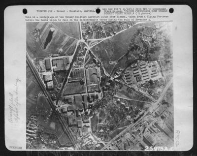 This is a photograph of the Weiner-Neustadt aircraft plant near Vienna, taken from a Flying Fortress before the bombs began to fall on the Messerschmitt works during the raid of November 2.