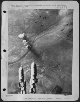 Hits Are Scored On The Regensburg Oil Storage Facilities In Germany As Another String Of Bombs From Boeing B-17 Flying Fortresses Of The 15Th Af, Head For The Target. The Forts Attacked This Important Source Of German Oil On 18 Dec. 1944, Scoring Direct