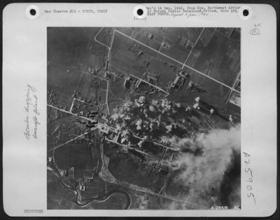 AAF B-17 bombs plaster the entire southern part of the Turin ball bearing works area. Shown here are direct hits on the southern approach of the Linetto marshalling yards, left; other direct hits on shops in the southern area of motor and aero engine