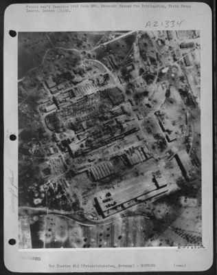 Zeppelin Works at Friedrichshafen, Germany after bombing by the 15th Air Force which handed a decided setback to the enemy's production of jet-propelled aircraft and parts for others. Final score: every major installation and 75 percent of all minor