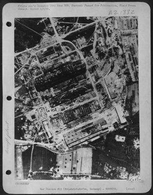 Zeppelin Works at Friedrichshafen, Germany on the shore of Lake Constance before bombing by the 15th Air Force, which handed a decided setback to the enemy's production of jet-propelled aircraft and parts for others.