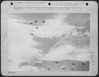 One formation of Boeing B-17 Flying Fortresses circles enemy installations in region of Brux, Czechoslavakia. Another is coming up as they attacked it on Sept 23, 1944.