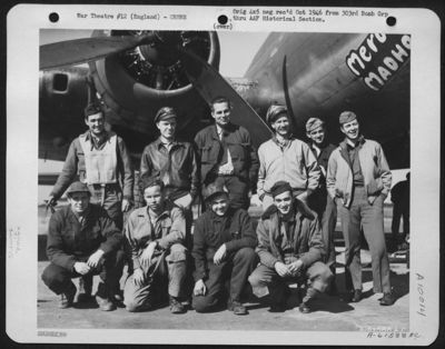 Lead Crew On Bombing Missions To Brux, Czechoslovakia, Germany, Beside A Boeing B-17 "Flying Fortress" 'Mercy's Madhouse'. 358th Bomb Squadron, 303Rd Bomb Group, England. 12 September 1944.