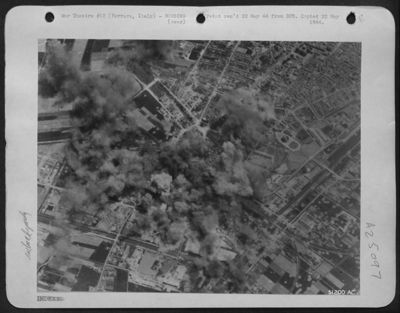 Boeing B-17 Flying Fortresses of the 15th AAF attacked the railyards at Ferrara, north of Florence, on May 14, 1944. The tracks leading to Coparro were hit and cut, while warehouses and rolling stock in the southwest section of the yards were