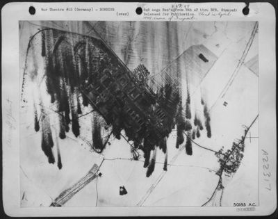 Keeping up their daily schedule of trips to German industrial areas, U.S. Eighth Air Force Fortresses, again hammered Messerschmitt fighter plants and ball bearing factories in a large-scale daylight operation 25 Feb 44. Heavily damaged were the Ober