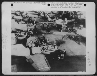 Interior of Wiener Neustadt Factory shows ME-109s on assembly line. This picture was probably taken before the plant was damaged on 2 November 1943.