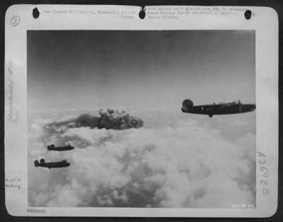 CAUSE AND EFFECT AT PLOESTI. May 5th 1944 raid of the oil refineries and railroad marshalling yards of the heavily defended city of Ploesti, Rumania, by Flying Fortress and Liberator bombers of the U.S. Army 15th Air Force. What seems like a darker