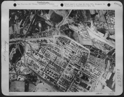 LARGE OIL PLANT HIT---This picture this taken a few minutes before American heavy bombers of the U.S. Eighth Air Force attacked the synthetic oil plant at Brux, about 40 miles northwest of Prague on 12 May 44. This plant was reported to be the