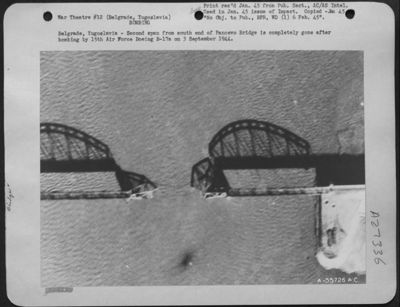 Belgarde, Yugoslavia-Second span from south end of Pancevo Bridge is completely gone after bombing by 15th Air Force Boeing B-17s on 3 September 1944.