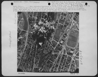 Turin, Italy--1 Dec. Production facilities of the Fiat plant which escaped on 8 Nov. were hit this time by 354 tons of 500 and 1,000 pound bombs by 118 Boeing B-17s escorted by 38 Lockheed P-38s. Many bursts can be seen in the target (outlined) and