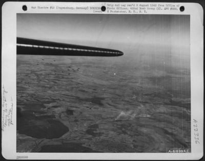 Boeing B-17 Flying Fortresses Of The 452Nd Bomb Group Wing Their Way Over The German Countryside Enroute To Regensburg, Germany, As The Heavy Bombers Continued Their Daily Pounding Of Nazi Military Installations. 25 Feb. 1944. Taken By S/Sgt. F. Ferreri