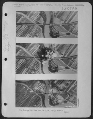 The before, during and after of a U.S. Army Air Forces attack on the San Dona Di Piave railroad bridge in Italy.