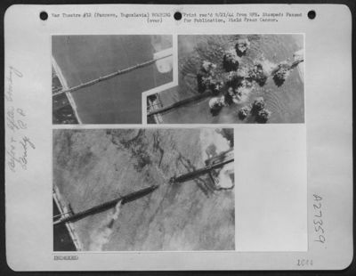 On September 3, 1944 Boeing B-17 Flying Fortresses of the 15th Air Force attacked the Pancevo railroad bridge near Belgrade, Yugoslavia. These three pictures tell the story. (upper left) the bridge before the Forts smashed home. (upper right)