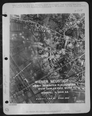 Vertical of Wiener Neustadt Aircraft Plant, Germany taken 5 Feb 44, shows repairs since mission of 2 Nov 1943: New taxi strip (1) final assembly plant enlarged and roof rebuilt (2), bomb wreckage cleared but no repair (3), shed removed(4) roof