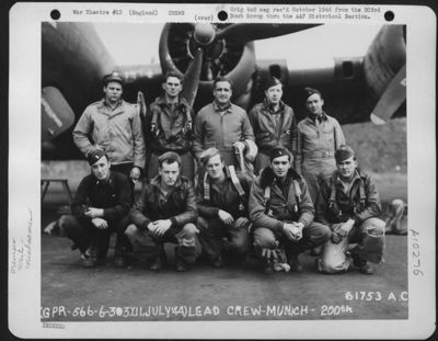 Lead Crew On Bombing Mission To Munich, Germany, Beside A Boeing B-17, "Flying Fortress" 'Hell's Angels' After Completion Of Its 200Th Mission. 303Rd Bomb Group. England, 11 July 1944.
