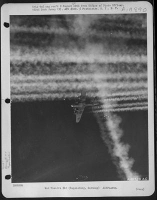 Boeing B-17 Flying Fortresses Of The 452Nd Bomb Group Leave Another Lane Of Vapor Trails To Those Left By Preceding Formation Enroute To Regensburg, Germany 25 Feb. 1944. Taken By S/Sgt. F. Ferreri.