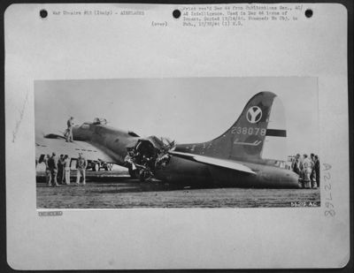 Italy-This Boeing B-17 received a direct hit by flak over Debreczen railyards, Hungary, on 21 Sept 44. The pilot, 2nd Lt. Guy M. Miller, of Lakeside, Calif., and co-pilot 2nd Lt. Thomas M. Kybovich, West Palm Beach. Fla., were able to bring her back