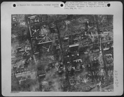 Blechhammer, Germany on 27 Dec. 1944 shows holes in roof of water gas plant (1); blower houses (2) damaged; main compressor house (3) severely damaged; low temperature carbonization plants (4) damaged; H2S removal building (5) damaged; gasholder