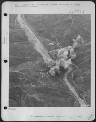 PINPOINT PRECISION ON VERGATO, ITALY.--Pin point precision at its best, as AAF Flying Fortresses block a vital supply line in Northern Italy. The mission was to Vergato, 25 miles southwest of Bologna. Supply lines here feed from Bologna south